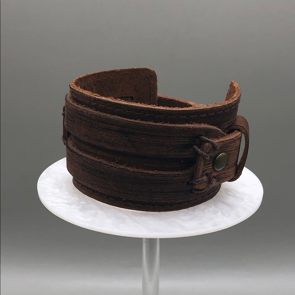 Brown leather artisan handcrafted handmade wide bracelet UNISEX New NWOT
